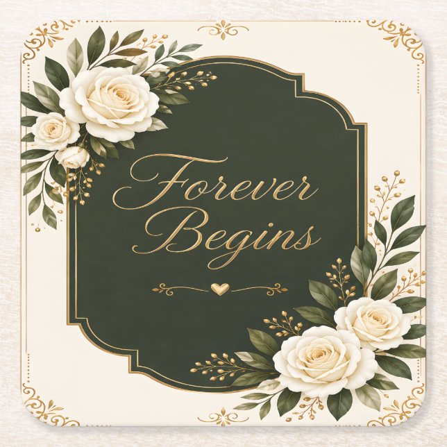 Elegant "Forever Begins" Floral Wedding Coasters (Front)