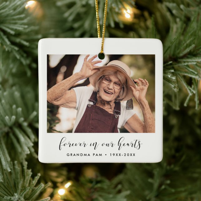 Elegant Forever in our hearts memorial Photo Ceramic Ornament (Tree)