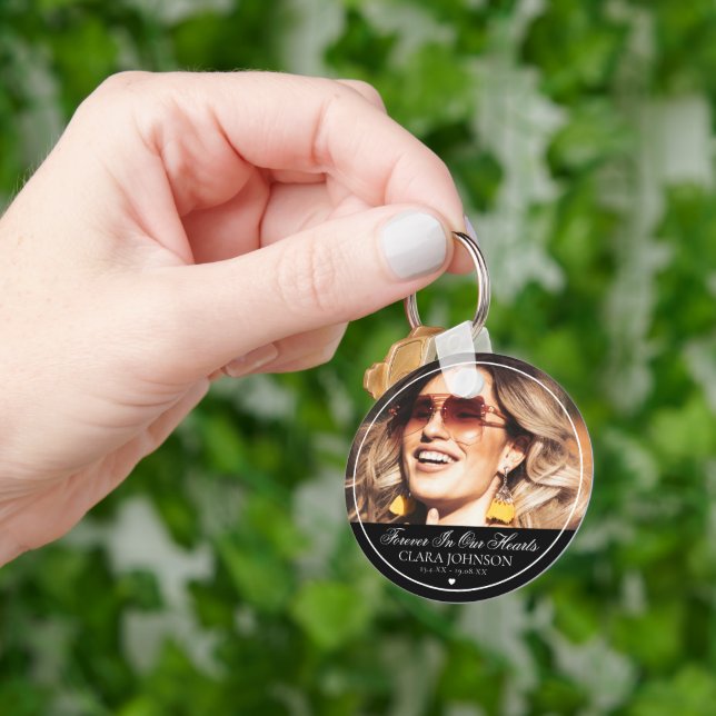 Elegant Forever in Our Hearts Memorial Photo Key Ring (Hand)