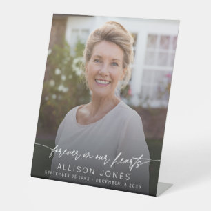 Elegant Forever In Our Hearts Script Photo Funeral Pedestal Sign