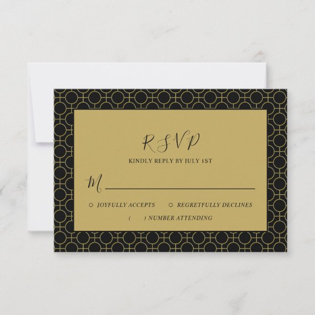 Elegant Formal Black and Gold Wedding RSVP Card (Front)
