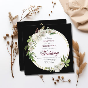 Elegant Formal Black Floral Gold Wedding Square Invitation