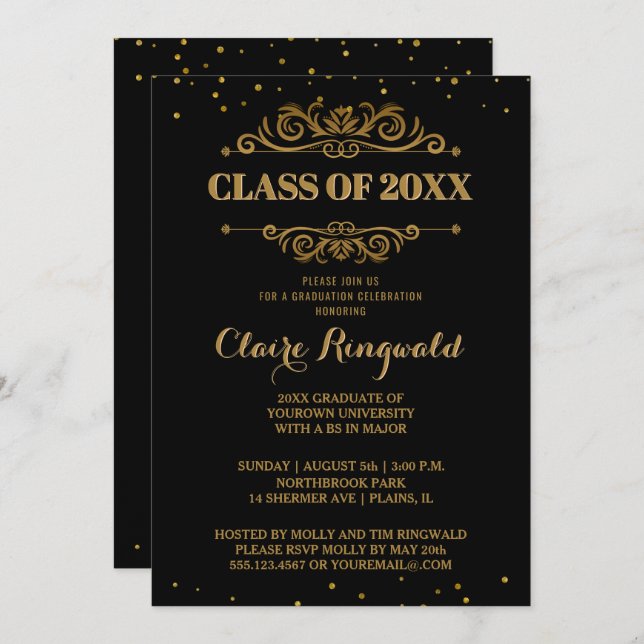 Elegant Formal Black Gold College Graduation Party Invitation (Front/Back)
