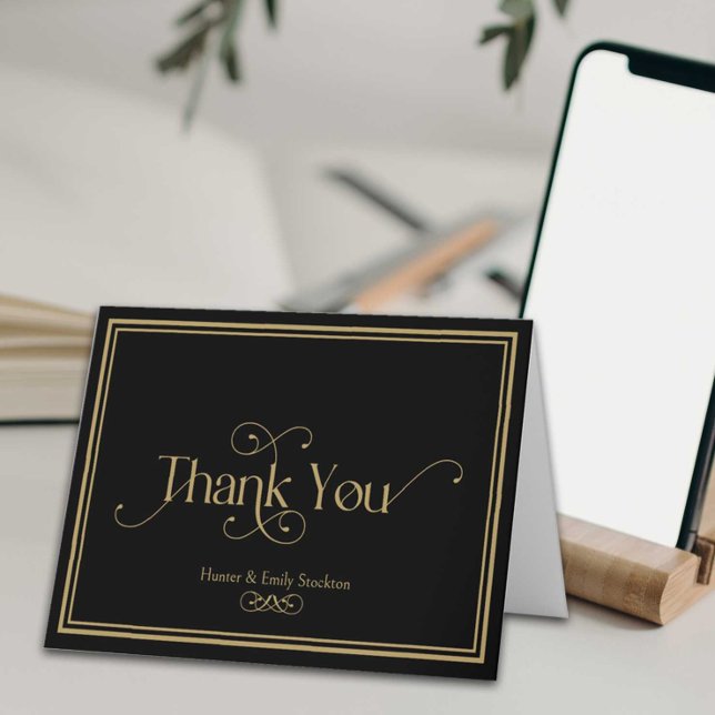 Elegant Formal Black Gold Ornate Wedding Thank You Card (An elegant black and gold thank you card with ornate typography.  Blank inside.)