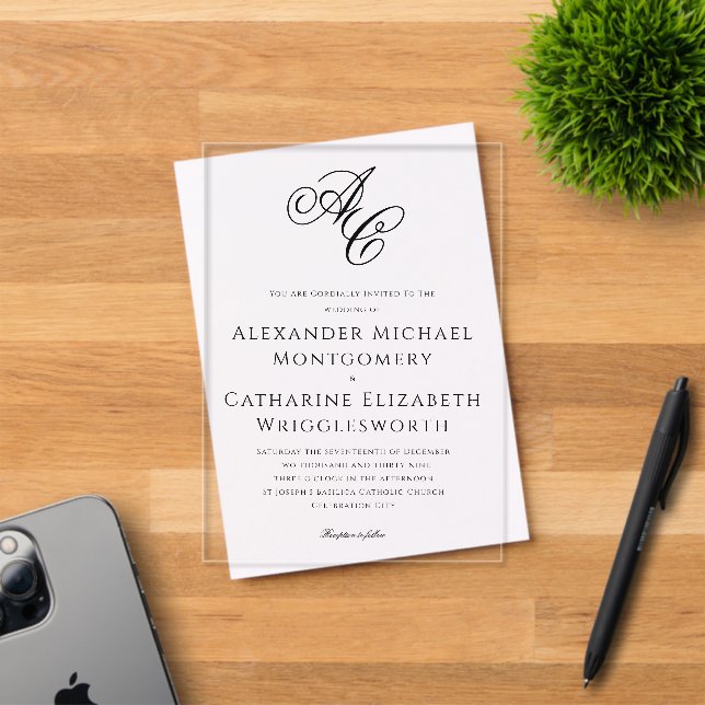 Elegant Formal Black Script Wedding Monogram Acrylic Invitations (Insitu (Invitation Card))