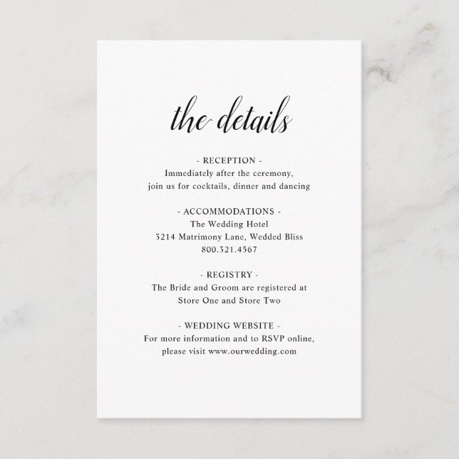 Elegant Formal Black White Details Simple Wedding Enclosure Card (Front)