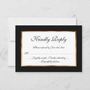 Elegant Formal Black White Gold Wedding RSVP card