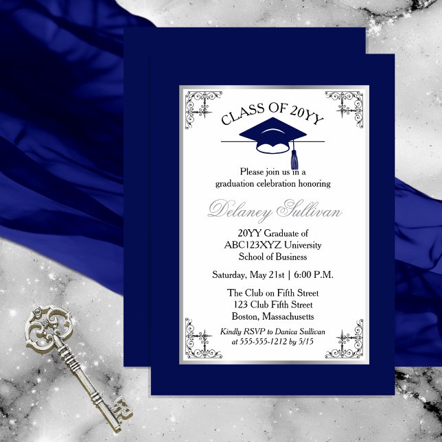 Elegant Formal Blue College Graduation Party Invitation (Elegant Formal Silver Tone and Dark Royal Blue College | University Graduation Party Invitation )