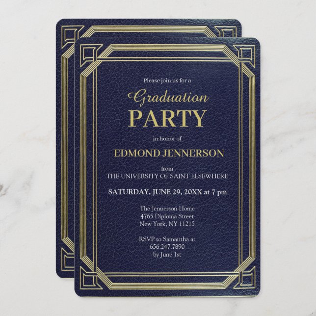 Elegant Formal Blue Gold 2025 Graduation Party Invitation (Front/Back)