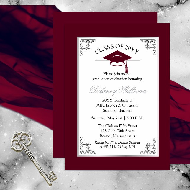 Elegant Formal Burgundy College Graduation Party Invitation (Elegant Formal Silver Tone and Burgundy College | University Graduation Party Invitation )