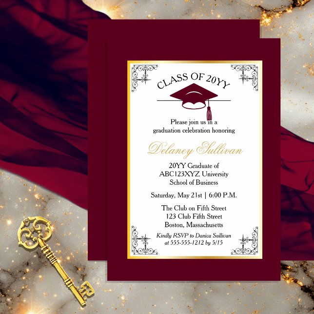 Elegant Formal Burgundy College Graduation Party Invitation (Elegant Formal Gold Tone and Burgundy College | University Graduation Party Invitation )