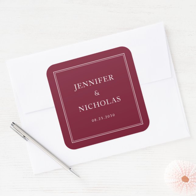 Elegant Formal Burgundy Wedding Square Sticker (Envelope)