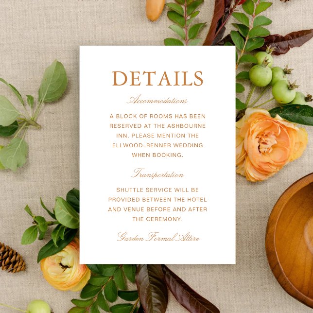 Elegant Formal Burnt Orange Wedding Information Enclosure Card (Elegant burnt orange enclosure cards keep wedding details clear with warm, refined style.)