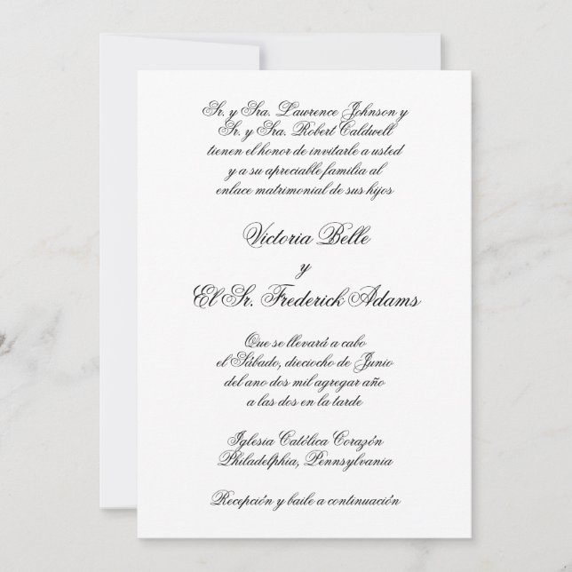 Elegant Formal Calligraphy Spanish Wedding Invitation (Front)