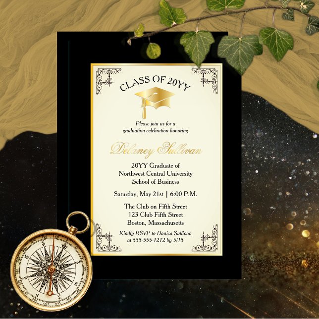 Elegant Formal College Graduation Party Gold Foil  (Elegant Formal College Graduation Party - Gold Foil and Black with Off White Center Panel Invitation)