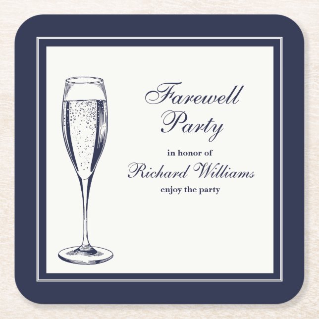 Elegant Formal Dark Bleu White Farewell Party Square Paper Coaster (Front)