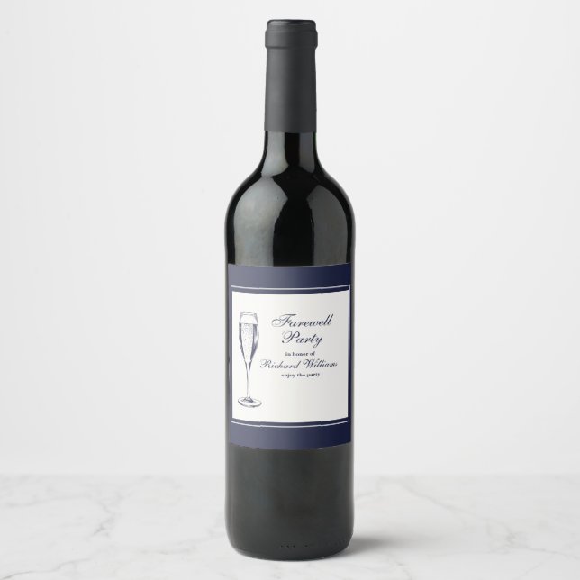 Elegant Formal Dark Bleu White Farewell Party Wine Label (Front)