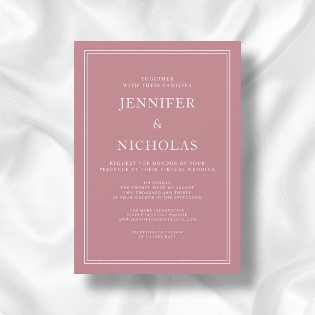 Elegant Formal Dusty Pink Virtual Wedding  Invitation (Front / Modern Elegant Formal Dusty Rose Virtual Wedding Invitation)
