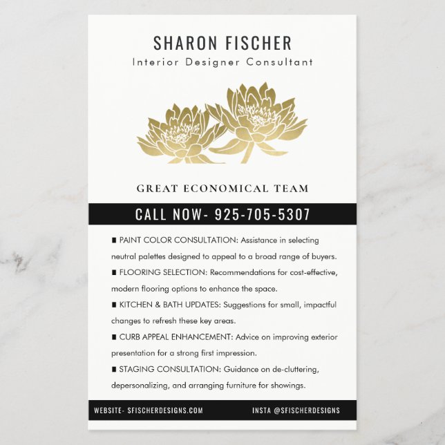 Elegant Formal Faux Gold Lotus Floral Business Flyer (Front)