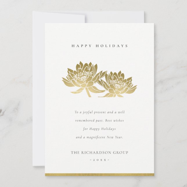 ELEGANT FORMAL FAUX GOLD LOTUS FLORAL BUSINESS  HOLIDAY CARD (Front)