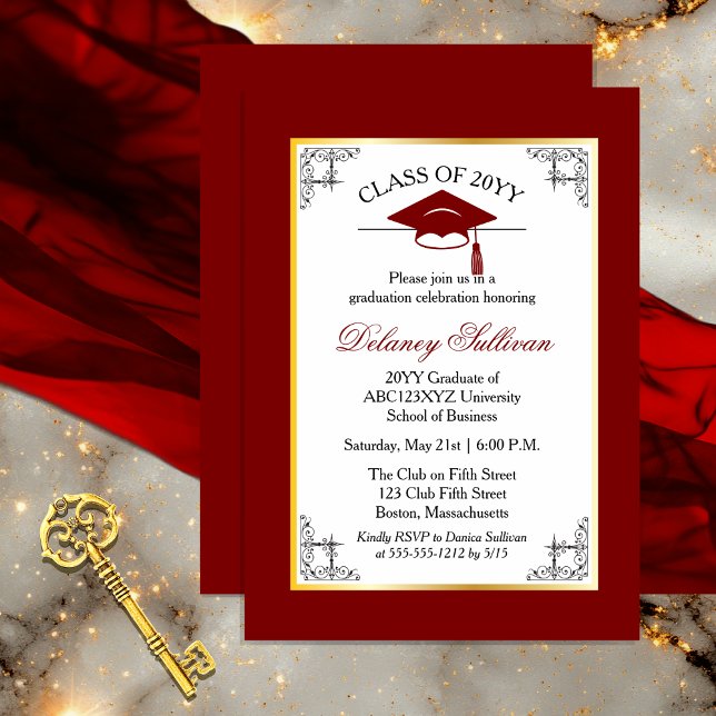 Elegant Formal Gold College Graduation Party Invitation (Elegant Formal Gold Tone and Dark Red College | University Graduation Party Invitation )
