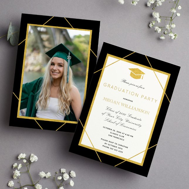 Elegant formal gold grad hat graduation party invitation (Creator Uploaded)
