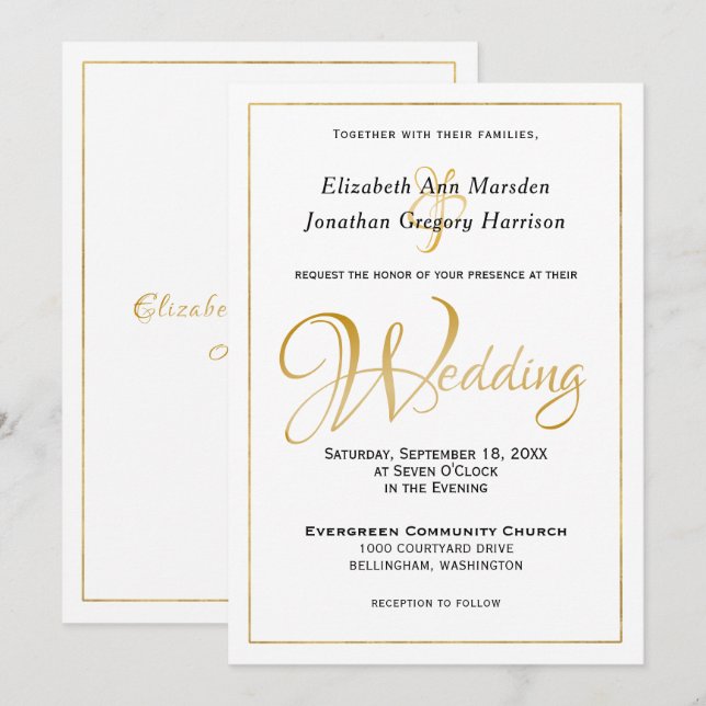 Elegant Formal Gold Script Calligraphy Wedding Invitation (Front/Back)