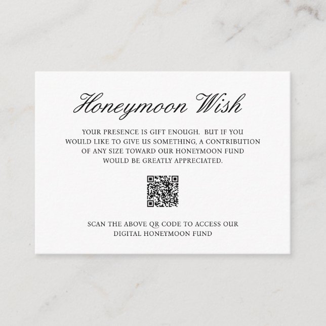 Elegant Formal Honeymoon Fund QR Code Wedding Enclosure Card (Front)