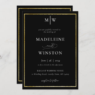 Elegant Formal Initials Black White Gold Wedding Invitation