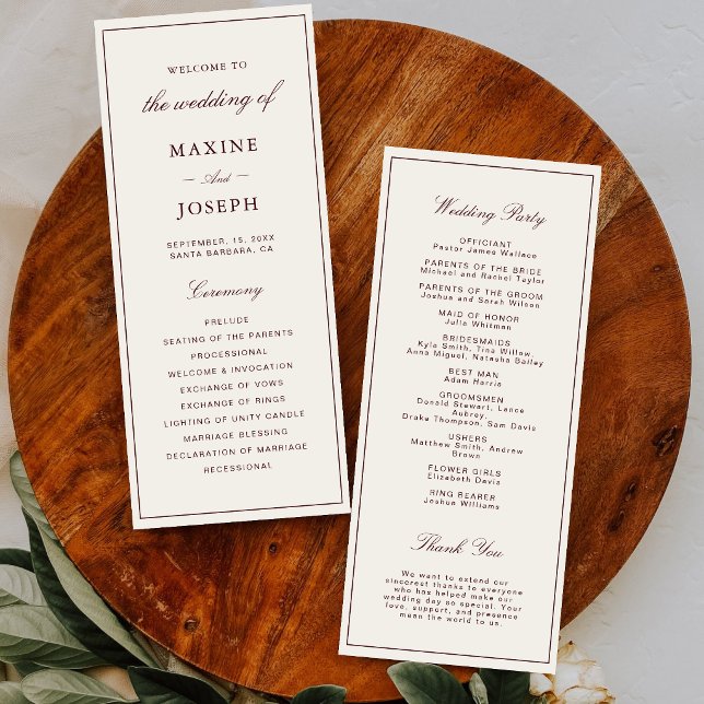 Elegant Formal Ivory & Burgundy Wedding Programme (Elegant ivory and burgundy wedding program keeps guests informed with timeless style.)