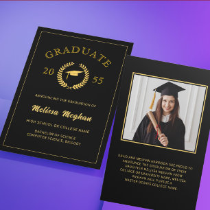 Elegant Formal Laurel Wreath Gold Cap Graduation  Announcement