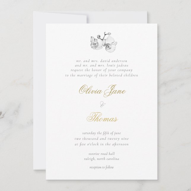 Elegant Formal Minimal Modern Floral Gold Wedding Invitation (Front)