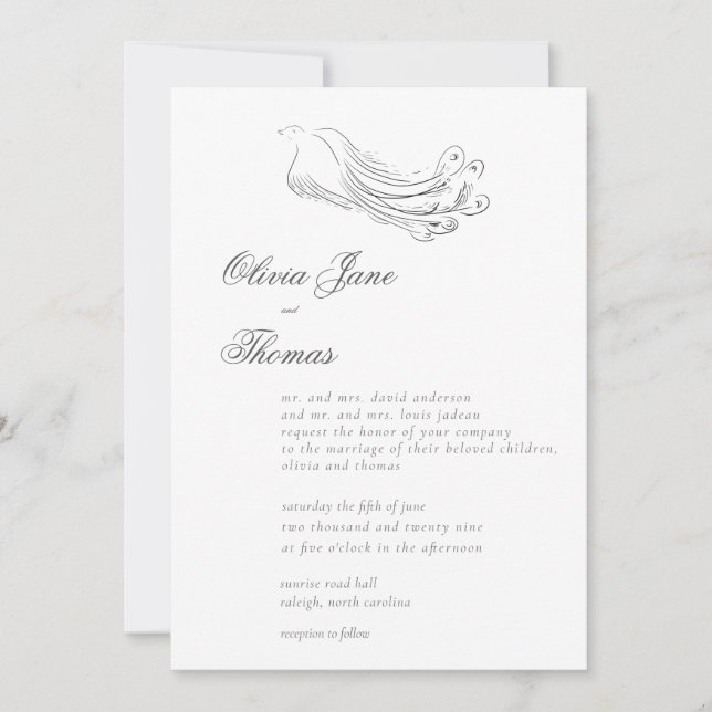 Elegant Formal Minimalist Modern Peacock Wedding Invitation (Front)