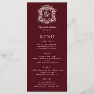 Elegant Formal Monogram Crest Burgundy Wedding Menu