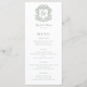 Elegant Formal Monogram Crest Sage Green Wedding Menu