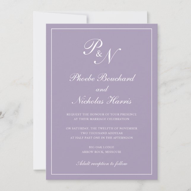 Elegant Formal Monogram Dusty Purple Wedding Invitation (Front)