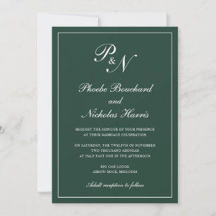 Elegant Formal Monogram Forest Green Wedding Invitation