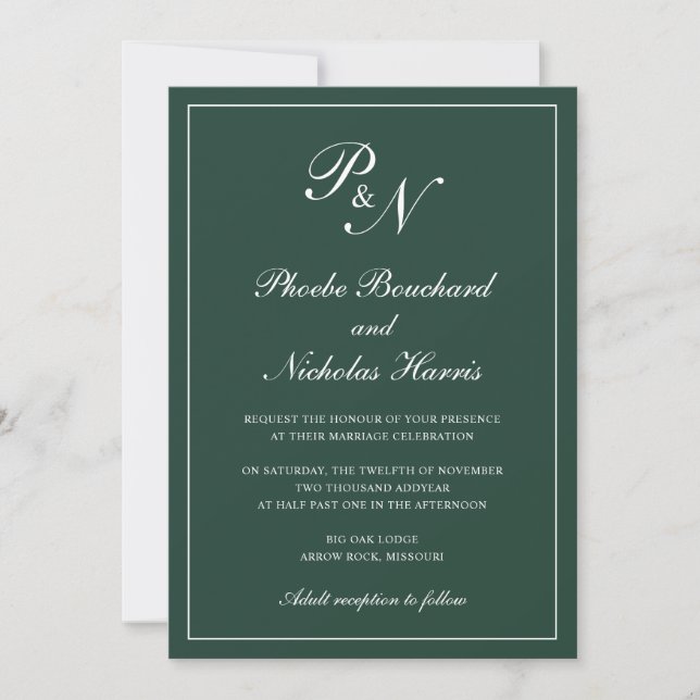 Elegant Formal Monogram Forest Green Wedding Invitation (Front)
