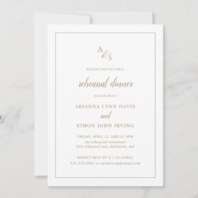 Elegant Formal Monogram Gold Rehearsal Dinner Invitation (Front)