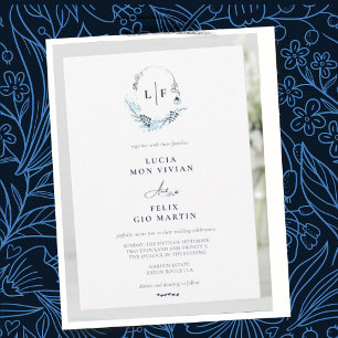 Elegant Formal Navy Blue Monogram Initial Wedding Invitation