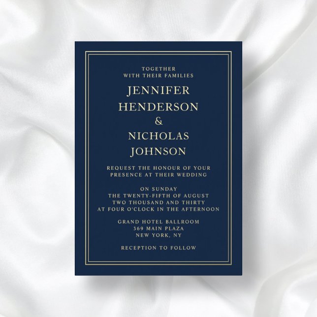 Elegant Formal Navy Blue Wedding Gold Foil (Front / Elegant Formal Navy Blue Wedding Gold Foil Foil Invitation)