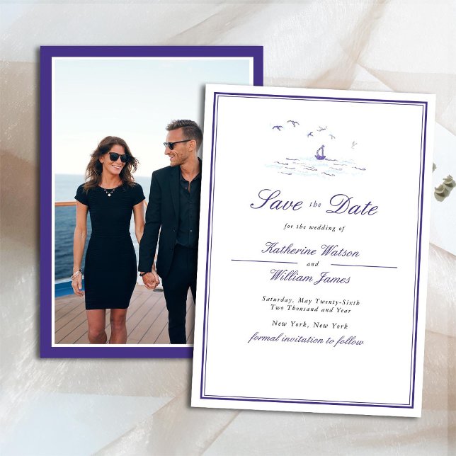 Elegant Formal Navy Frame Boat Club Photo Wedding Save The Date (Creator Uploaded)