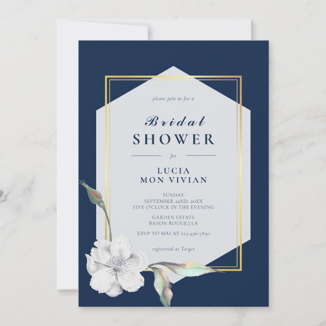 Elegant Formal Navy Golden Frame Bridal Shower Invitation (Front)