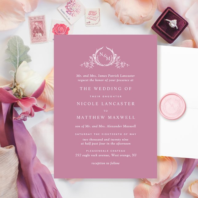 Elegant Formal Pink Monogram Wreath Wedding Invitation (Creator Uploaded)