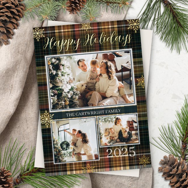 Elegant Formal Plaid Family Photo Happy Holidays (Modern tartan plaid formal foil happy holidays 3 photo christmas card for elegant family stationery)