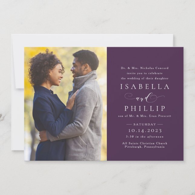 Elegant formal plum purple fall photo wedding invitation (Front)