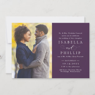 Elegant formal plum purple fall photo wedding invitation