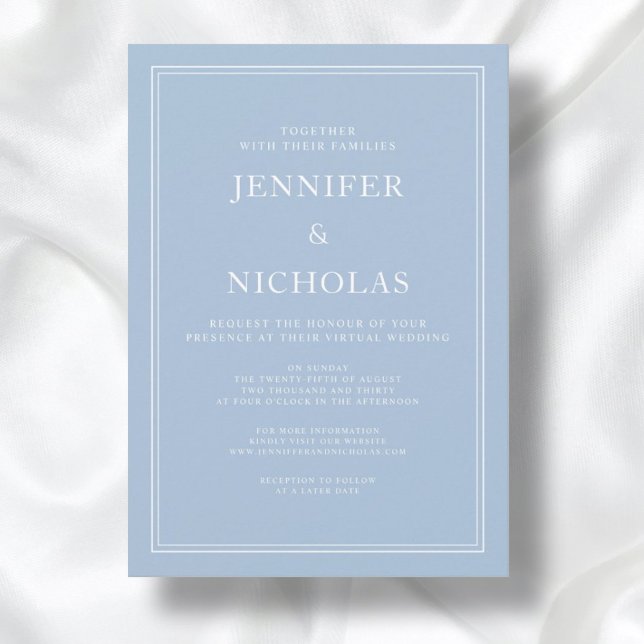 Elegant Formal Powder Blue Virtual Wedding Invitation (Front / Modern Elegant Formal Powder Blue Virtual Wedding Invitation)
