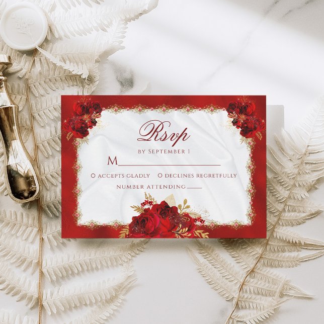 Elegant Formal Red Gold Floral Wedding RSVP Card (Creator Uploaded)