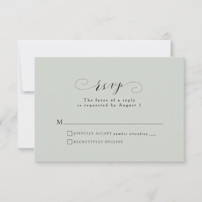 Elegant formal script sage green RSVP card (Front)
